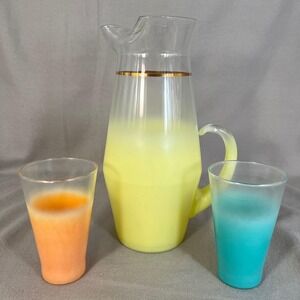 Blendo Mid Century Vintage Colorful Lemonade Set Frosted Pitcher Tumblers 50s